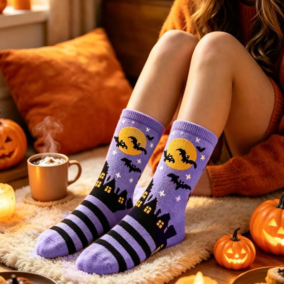 VOUZZA Halloween Womens Socks Bat Moon Haunted House Pattern Ribbed Cuffs Striped Feet Star Detail Crew Length Novelty Hosiery