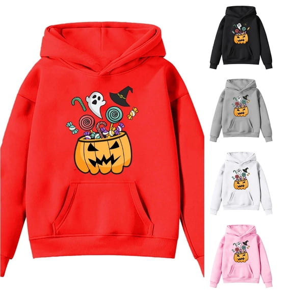 VOUZZA Hoodies for Girls, Halloween Pumpkin Graphic Long Sleeve Pullover Sweatshirt, Casual Hooded Sweater Top, Ages 4-14