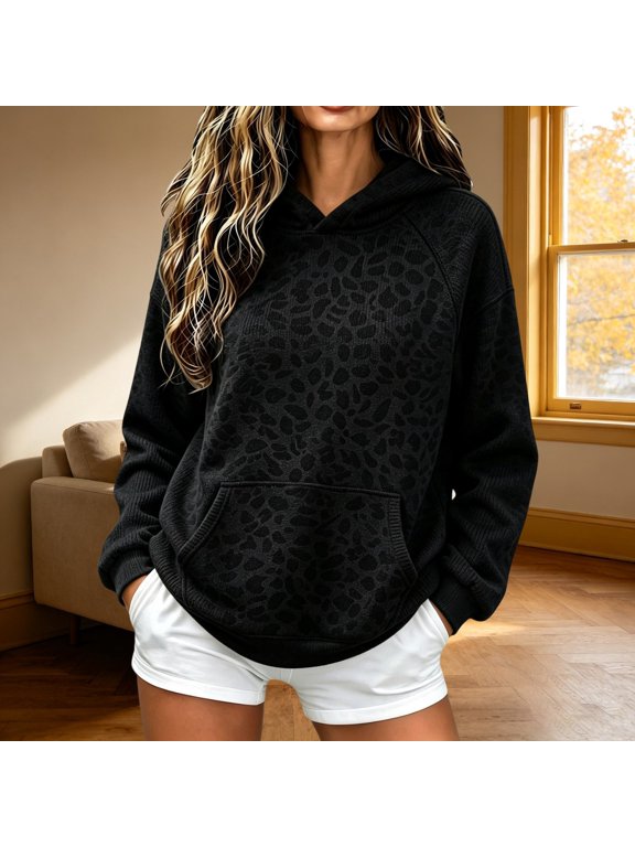 Hoodies for Women Cheetah Print Leopard Print Long Sleeve Sweatshirt Kangaroo Pocket Contrast Panels Casual Pullover Top