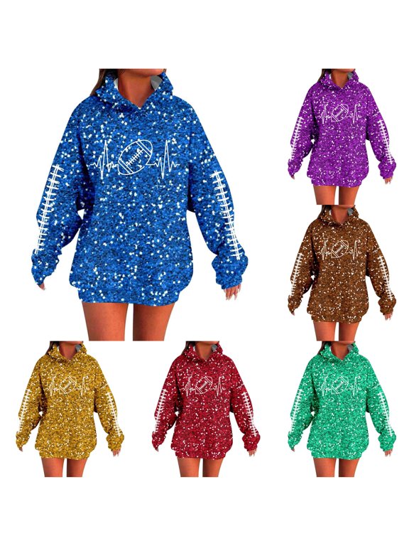 Hoodies for Women Graphic Print Long Sleeve Sequin Pullover Sweatshirt, Casual Hooded Sweater Top, Classic Hooded Sweater