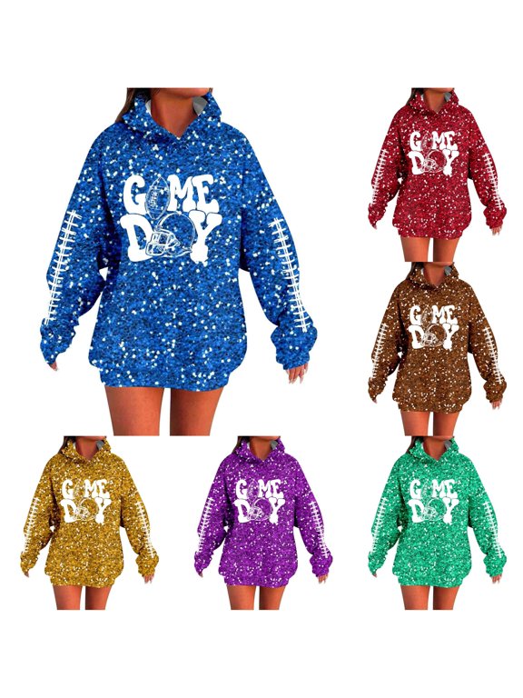 Hoodies for Women Graphic Print Long Sleeve Sequin Pullover Sweatshirt, Casual Hooded Sweater Top, Classic Hooded Sweater