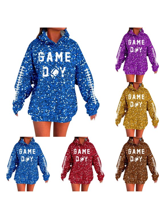 Hoodies for Women Graphic Print Long Sleeve Sequin Pullover Sweatshirt, Casual Hooded Sweater Top, Classic Hooded Sweater