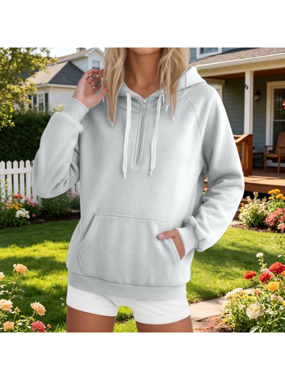 Hoodies for Women Half Zip Solid Raglan Long Sleeve Sweatshirt Drawstring Hood Kangaroo Pocket Curved Hem Casual Pullover Top