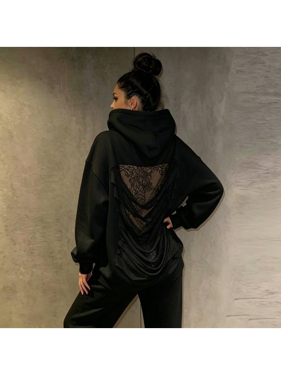 Hoodies for Women Lace Back Solid Slashed Draped Panels Long Sleeve Sweatshirt Drop Shoulder Ribbed Cuffs Oversized Top