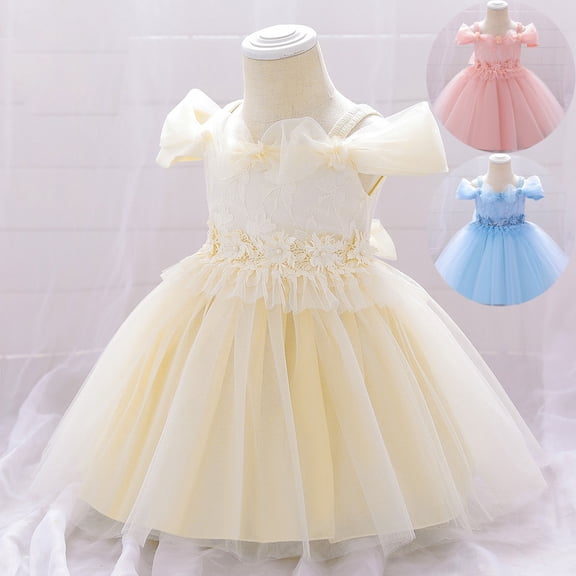 VOUZZA Infant Off-The-Shoulder Bubble Sleeve Princess Dress Bow Tie Ruffle Baptism Gown Newborn Christening Outfits