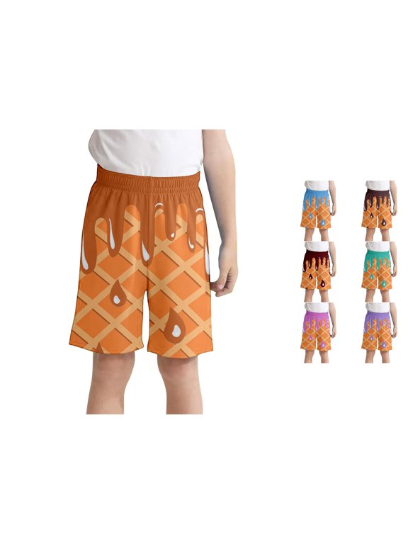 Kids Baseball Shorts Elastic Waist with Pockets Ice Cream Printed Shorts Summer Cool Prep Bottoms for Boys Girls