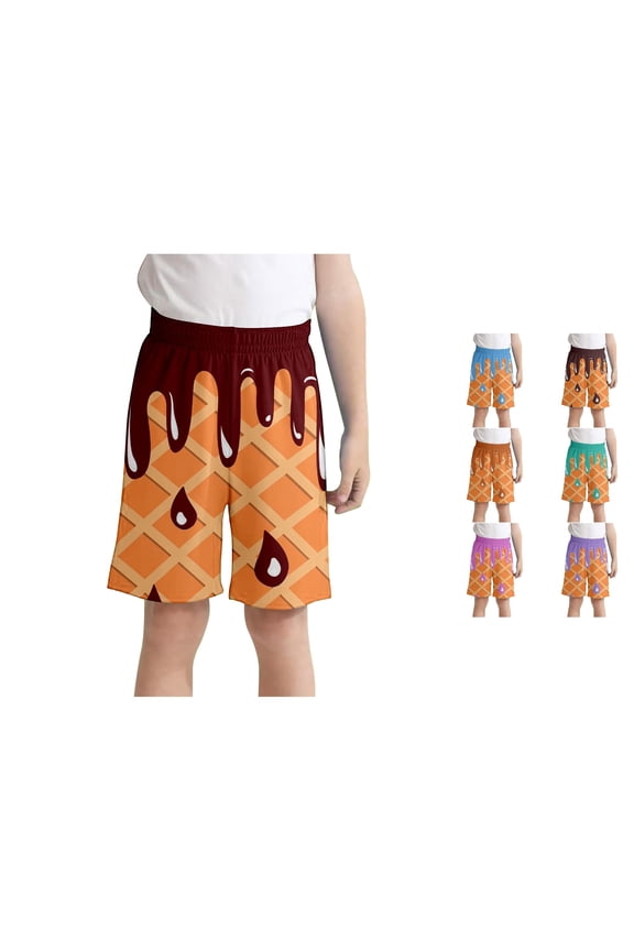 Kids Baseball Shorts Elastic Waist with Pockets Ice Cream Printed Shorts Summer Cool Prep Bottoms for Boys Girls