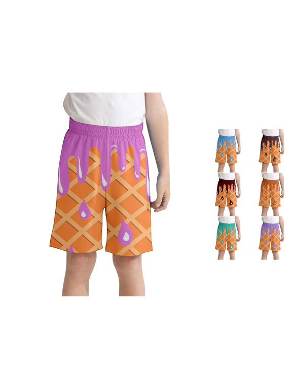Kids Baseball Shorts Elastic Waist with Pockets Ice Cream Printed Shorts Summer Cool Prep Bottoms for Boys Girls
