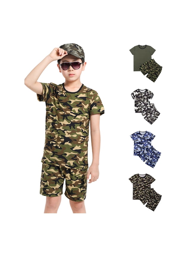 Kids Camouflage Training Uniform, Military Style Performance Suit for Boys and Girls 2-Piece Top and Shorts Playwear