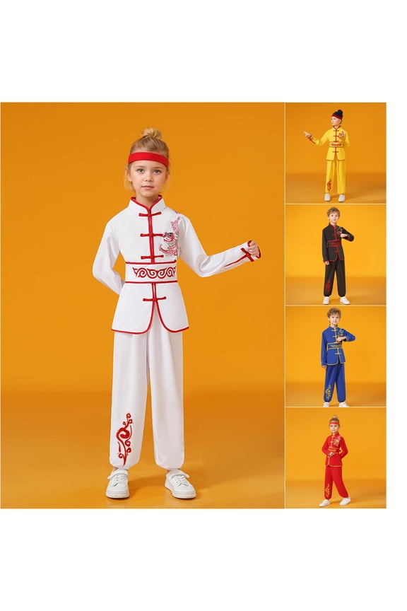 Kids Chinese Martial Arts Uniform, Unisex Long Sleeve Satin Shirt and Pants Set, Kung Fu Tai Chi Performance Tracksuit Training Outfit