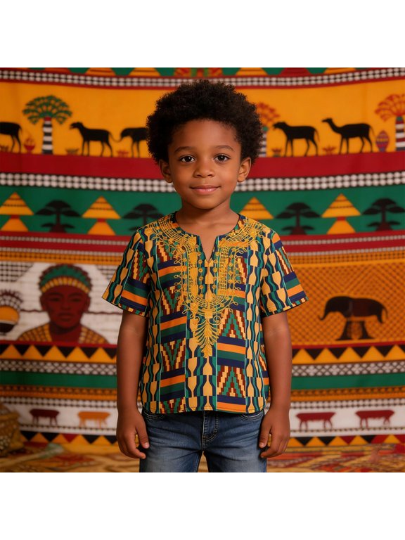Kids Classic Dashiki Shirt African Floral Print Short Sleeve Casual Loose Cotton Tribal T-Shirt Blouse