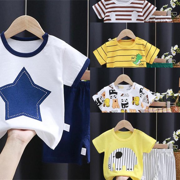VOUZZA Kids Cotton Summer Outfits Pack Unisex Baby Solid Color Short Sleeve Pullover Crewneck T-Shirt and Active Running Shorts