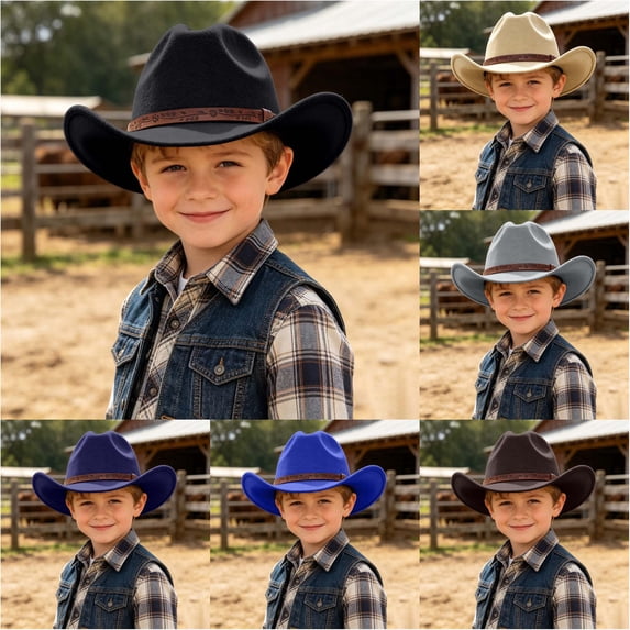 VOUZZA Kids Cowboy Hat Adjustable Drawstring Sun Protection Wide Brim Western Straw Hat for Halloween