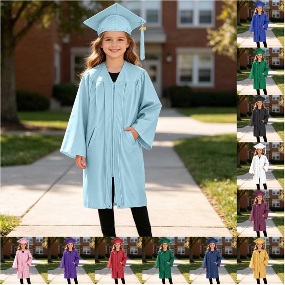 VOUZZA Kids Graduation Gown Set Doctoral Robe with Pockets Academic Ceremonial Dress Cap with Tassel Set 2-12 Years