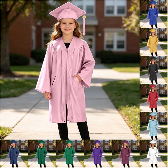 VOUZZA Kids Graduation Gown Set Doctoral Robe with Pockets Academic Ceremonial Dress Cap with Tassel Set 2-12 Years