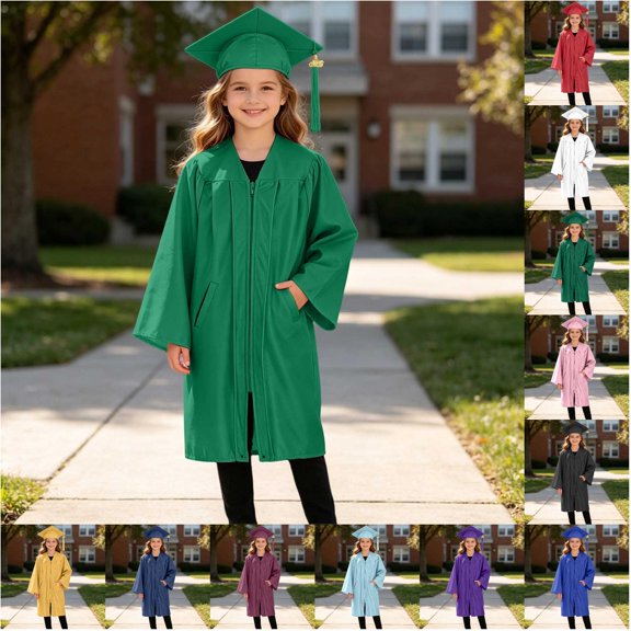 VOUZZA Kids Graduation Gown Set Doctoral Robe with Pockets Academic Ceremonial Dress Cap with Tassel Set 2-12 Years