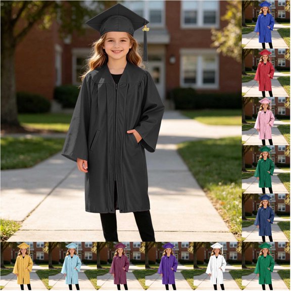 VOUZZA Kids Graduation Gown Set Doctoral Robe with Pockets Academic Ceremonial Dress Cap with Tassel Set 2-12 Years