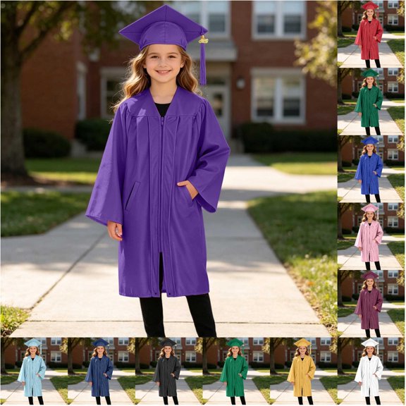 VOUZZA Kids Graduation Gown Set Doctoral Robe with Pockets Academic Ceremonial Dress Cap with Tassel Set 2-12 Years