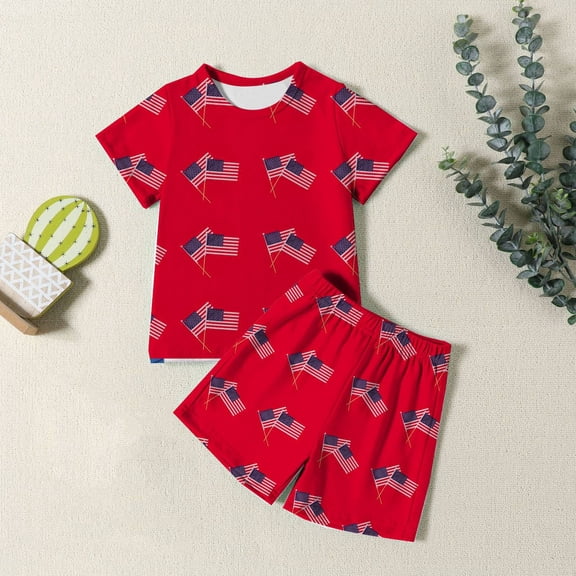 VOUZZA Kids Independence Day Clothing Set American Flag Print Short Sleeve T-Shirt and Shorts 2-Piece Toddler Casual Daily Playwear Outfit 2-12Y