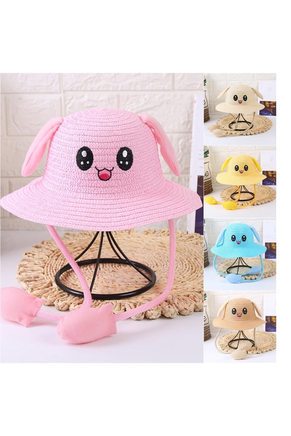Kids Magic Moving Ears Straw Hat Cute Cartoon Rabbit Air Pump Squeeze Ear Flaps Pop Up Wide Brim Summer Beach Sun Protection Cap