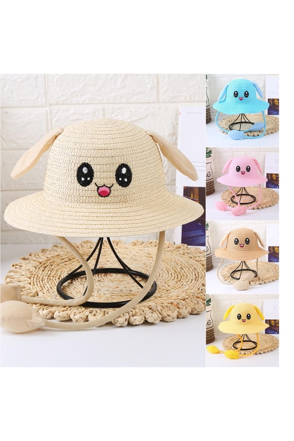 Kids Magic Moving Ears Straw Hat Cute Cartoon Rabbit Air Pump Squeeze Ear Flaps Pop Up Wide Brim Summer Beach Sun Protection Cap