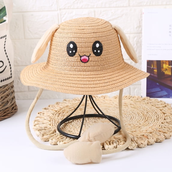 VOUZZA Kids Magic Moving Ears Straw Hat Cute Cartoon Rabbit Air Pump Squeeze Ear Flaps Pop Up Wide Brim Summer Beach Sun Protection Cap