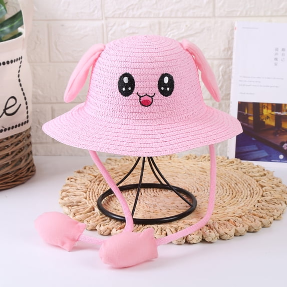 VOUZZA Kids Magic Moving Ears Straw Hat Cute Cartoon Rabbit Air Pump Squeeze Ear Flaps Pop Up Wide Brim Summer Beach Sun Protection Cap