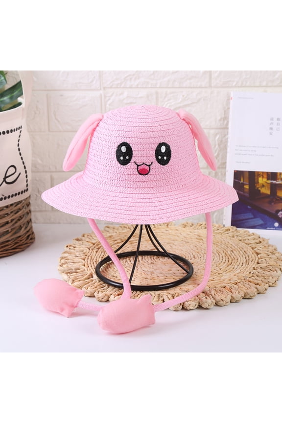 Kids Magic Moving Ears Straw Hat Cute Cartoon Rabbit Air Pump Squeeze Ear Flaps Pop Up Wide Brim Summer Beach Sun Protection Cap
