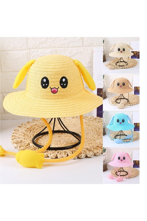 Kids Magic Moving Ears Straw Hat Cute Cartoon Rabbit Air Pump Squeeze Ear Flaps Pop Up Wide Brim Summer Beach Sun Protection Cap