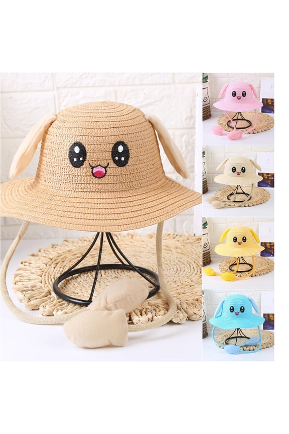 Kids Magic Moving Ears Straw Hat Cute Cartoon Rabbit Air Pump Squeeze Ear Flaps Pop Up Wide Brim Summer Beach Sun Protection Cap