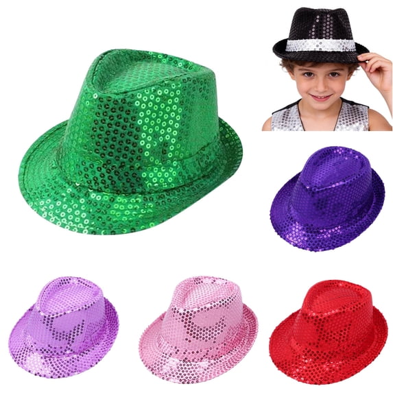 VOUZZA Kids Sequin Top Hat Glitter Fedora Cap Stage Performance Magic Show Dance Accessory Birthday Party Hat for Boys Girls