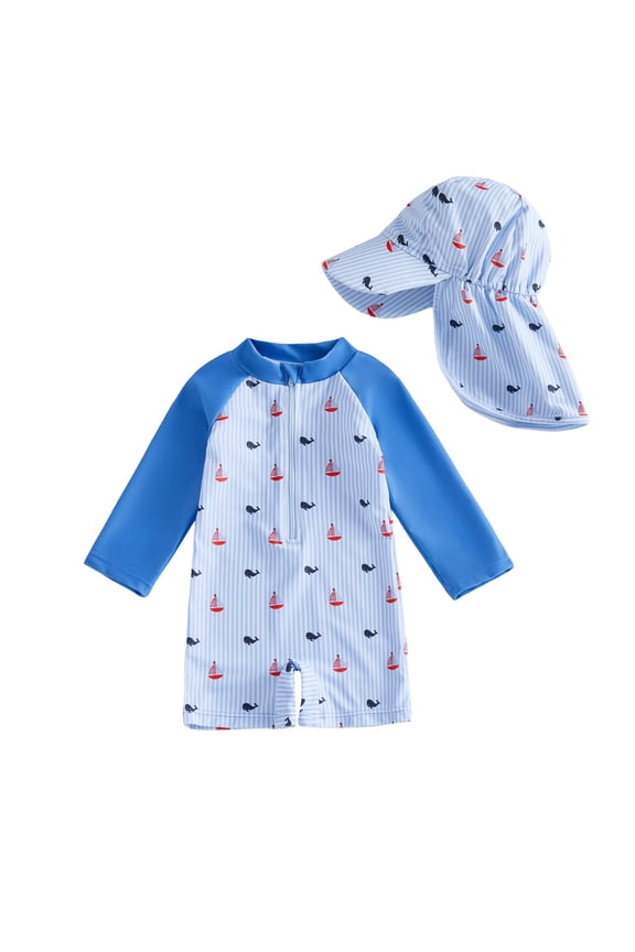 Kids & Toddler Long Sleeve One Piece Rash Guard, UPF 50+ Sun Protection Shark Print Bathing Suit, Ages 3-24 Months