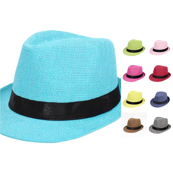 VOUZZA Kids Unisex Jazz Hat Linen Straw Short Brim Fedora Caps Children Breathable UV Protection Sun Screen Jazz Panama Top Hats