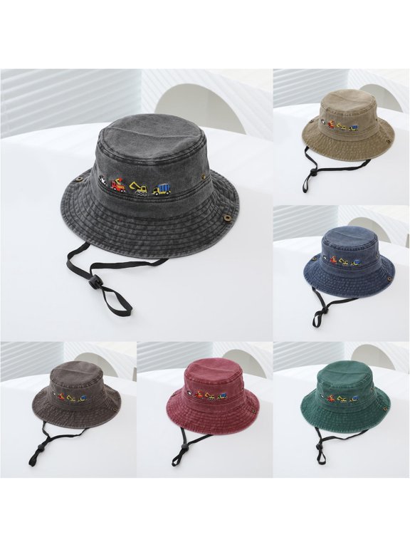 Kids Water Wash Bucket Hat Cartoon Car Excavator Print Wide Brim Sun Protection Fisherman Cap for Boys Girls 2-8