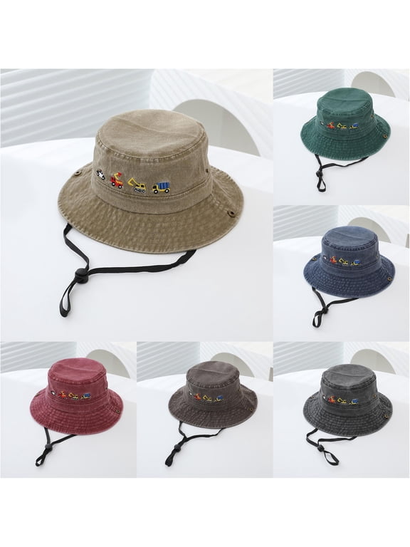 Kids Water Wash Bucket Hat Cartoon Car Excavator Print Wide Brim Sun Protection Fisherman Cap for Boys Girls 2-8