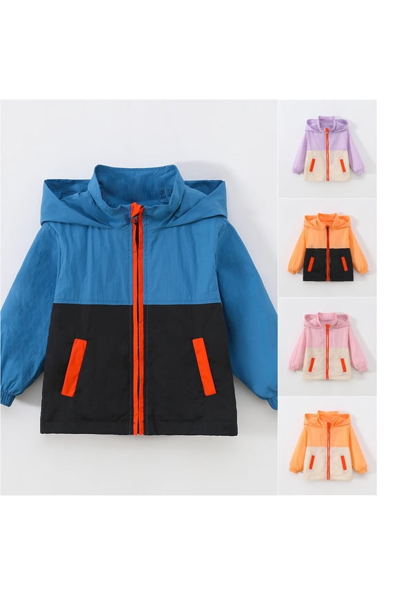 Kids Windbreaker Jacket Colorblock Lightweight Hooded Rain Coat Boys Girls Fall Spring Active Outdoor Track Jackets, Size 3T-12 Years