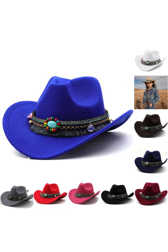 Kids Woolen Fedora Hat Vintage British Style Wide Brim Jazz Panama Cap Western Cowboy Hat Belt Decor
