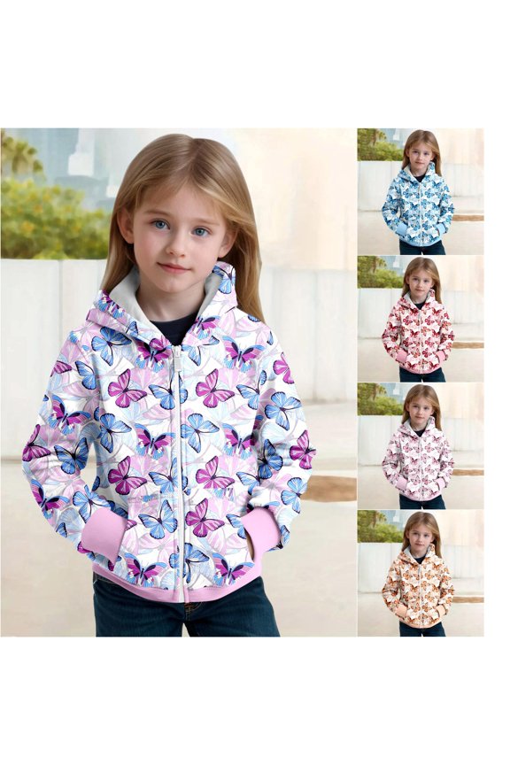 Kids Zipper Hoodie Cute Butterfly Graphic Printed Long Sleeve Hooded Sweatshirt Casual Active Jacket Coat