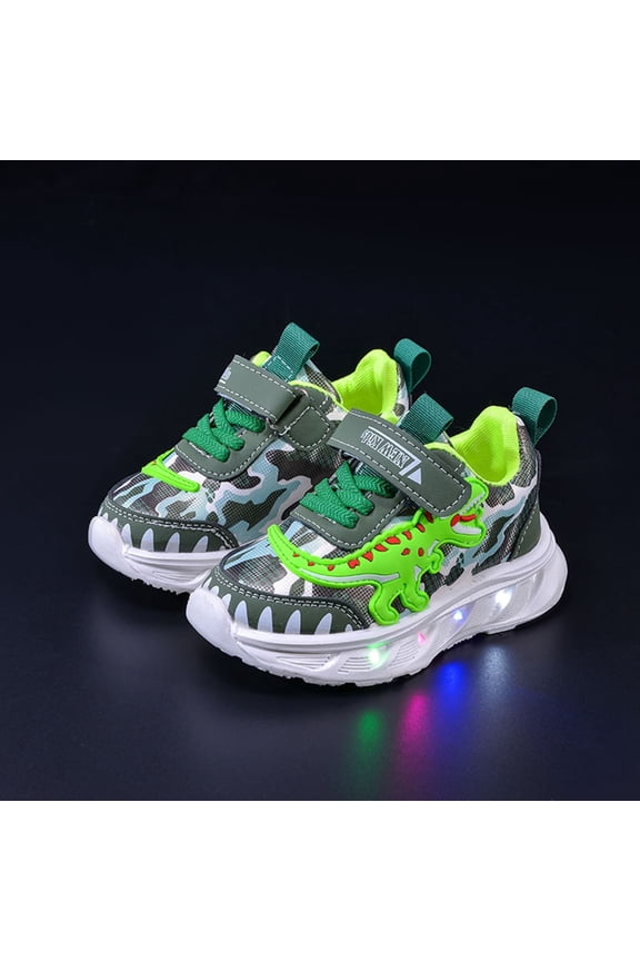 Light Up Toddler Boys Shoes, Cartoon Dinosaur PU Leather Sneakers, Non Slip Breathable Luminous Walking Sport Shoes for Kids 1-6 Years