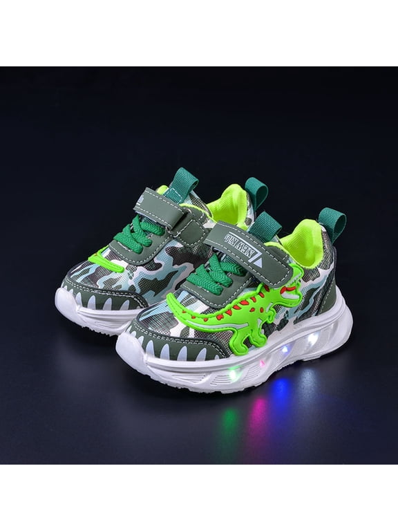 Light Up Toddler Boys Shoes, Cartoon Dinosaur PU Leather Sneakers, Non Slip Breathable Luminous Walking Sport Shoes for Kids 1-6 Years