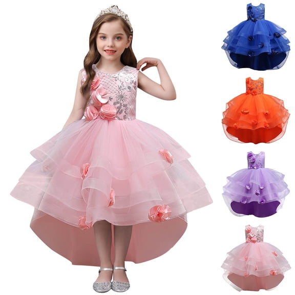 VOUZZA Little Girls Summer Sleeveless Flower Princess Dress Hi-Lo Catwalk Performance Gown Piano Recital Dress