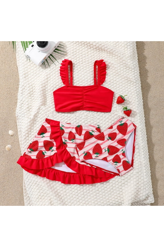 Little Girls Sweet Strawberry Print One Piece Swimsuit Cute Fruit Pattern Vacation Bathing Suit for Toddler Girls Summer Beachwear and Pool Party