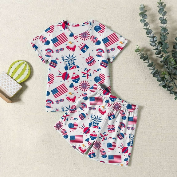 VOUZZA Little Kids Independence Day Clothing Set American Flag Print Short Sleeve T-Shirt and Shorts 2-Piece Boys Casual Daily Playwear Suit 2-12Y