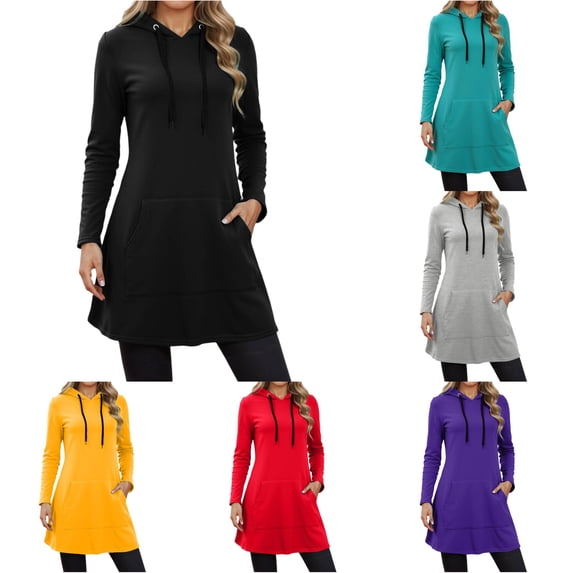 VOUZZA Long Hoodies for Women Solid Color Long Sleeve Oversized Long Hooded Sweatshirt with Pocket, Casual Hoodie Dress Sweater for Fall Winter