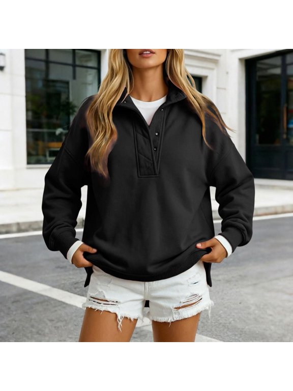 Long Sleeve Shirts For Women Snap Neck Sweatshirt Solid Pullover Stand Collar Dropped Shoulder Side Slits Ribbed Cuffs Casual Top