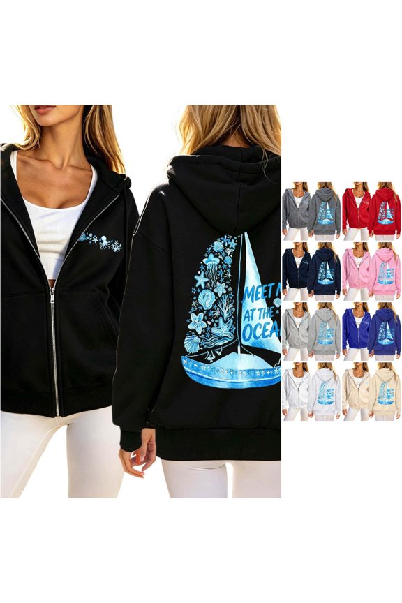 Meet Me at the Ocean Hoodie Women Palm Tree Graphic Printed Full Zip Up Drawstring Hooded Sweatshirt Jacket