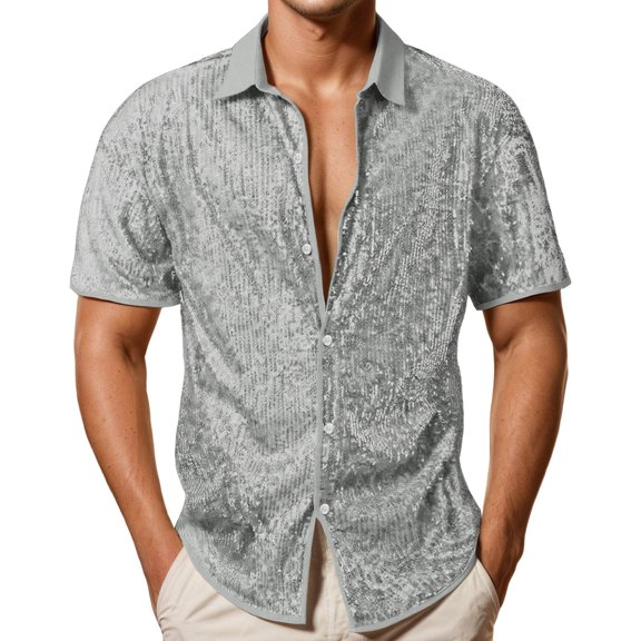 VOUZZA Men Sequin Short Sleeve Shirt Solid Color Shiny Glitter Disco Party Button Down Blouse Top Sparkly Outfit