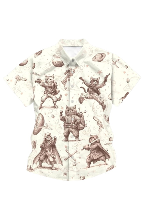 Mens Button Up Shirt Vintage Graphic Print Short Sleeve Turndown Collar Shirt Smooth Relaxed Fit Casual Shirt for Men