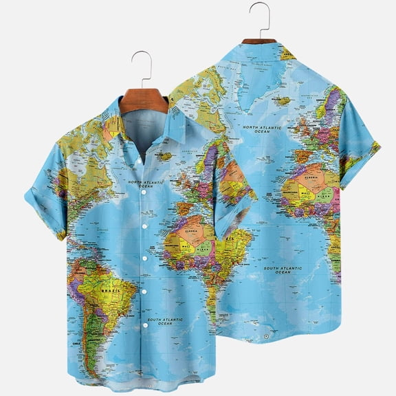 VOUZZA Mens Graphic Shirt Short Sleeve Map Print Lapel Button Down Blouse with Pocket Loose Fit Casual Summer Dress Shirt for Men