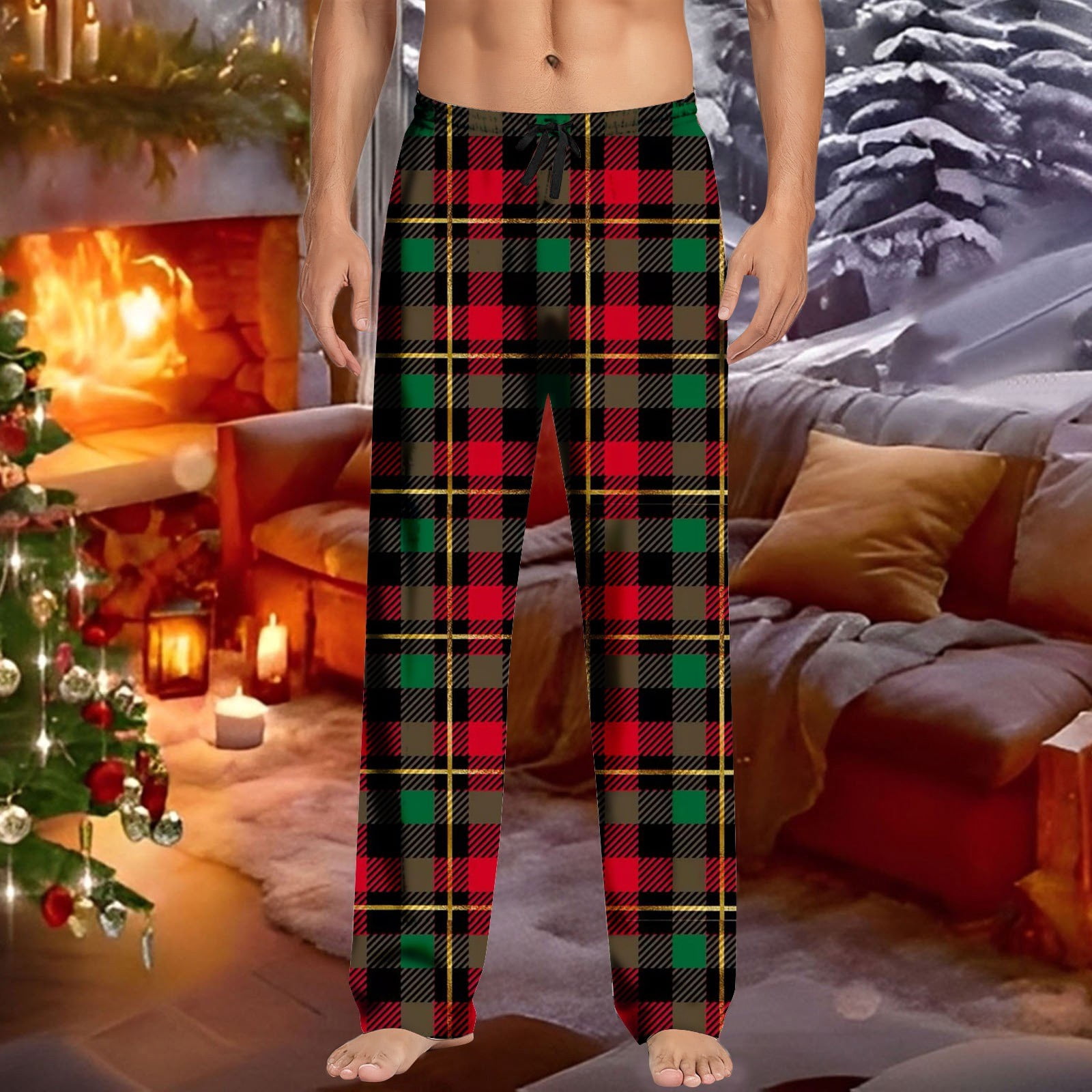 VOUZZA Mens Pajama Pants Plaid Lounge Elastic Drawstring Waist Relaxed ...